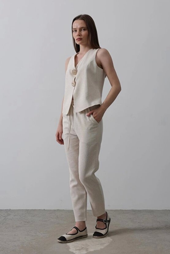 Düğme Detaylı Yelek - Krem