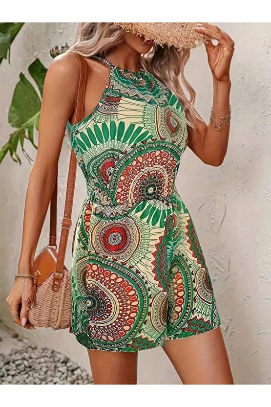 Kadın Omuzlardan Açık Boyun Arkasından Bağlamalı Beli Lastikli Desenli Süprem Kısa Tulum