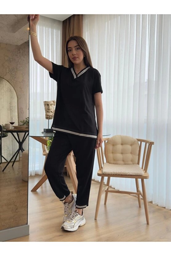 Kadın Kısa Kollu V Yakalı Iki Iplik Bluz Ve Pantolon Ikili Takım