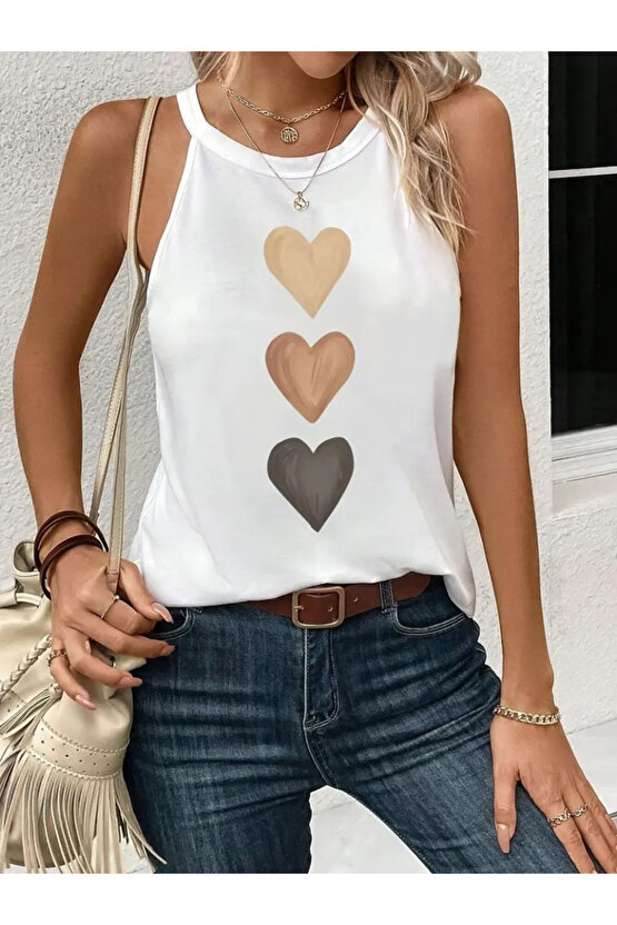 EQURİ Kadın Omuzlardan Açık Boyundan Askılı Kalp Baskılı Viskon Bluz