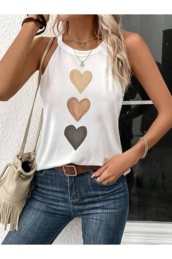 EQURİ Kadın Omuzlardan Açık Boyundan Askılı Kalp Baskılı Viskon Bluz