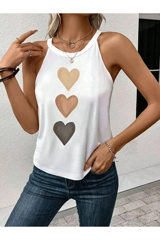 EQURİ Kadın Omuzlardan Açık Boyundan Askılı Kalp Baskılı Viskon Bluz