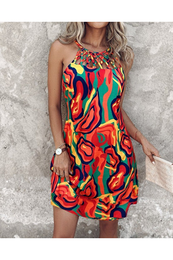 EQURİ Kadın Omuzlardan Açık çapraz şerit Detaylı Desenli Süprem Elbise