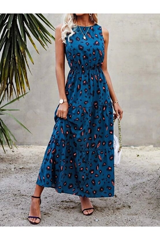 Kadın Kolsuz Bisiklet Yaka Beli Lastikli Desenli Süprem Elbise