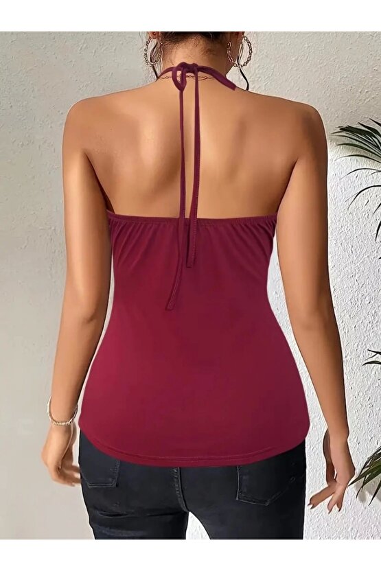 Kadın Askılı Kuş Gözü Ve Dekolte Detay Boyundan Bağlamalı Viskon Bluz