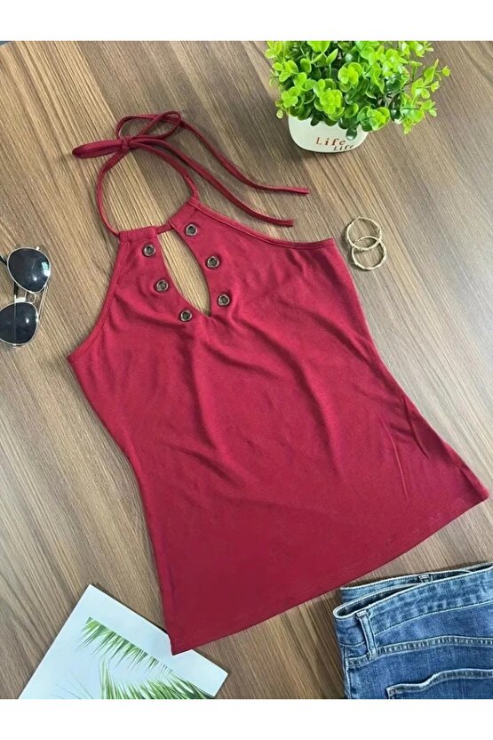 Kadın Askılı Kuş Gözü Ve Dekolte Detay Boyundan Bağlamalı Viskon Bluz