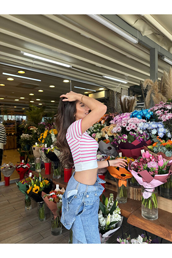 SMK Shop Fuşya Çizgili Manşetli T-Shirt