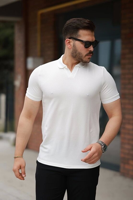 Erkek Yakalı Waffle Dokulu Kısa Kollu Tişört