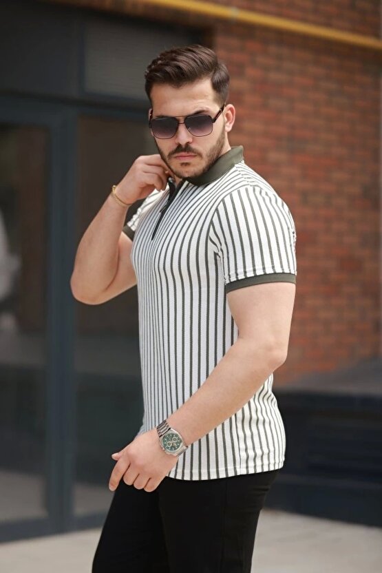 Erkek çizgili Fermuar Yakalı Kısa Kollu Tişört