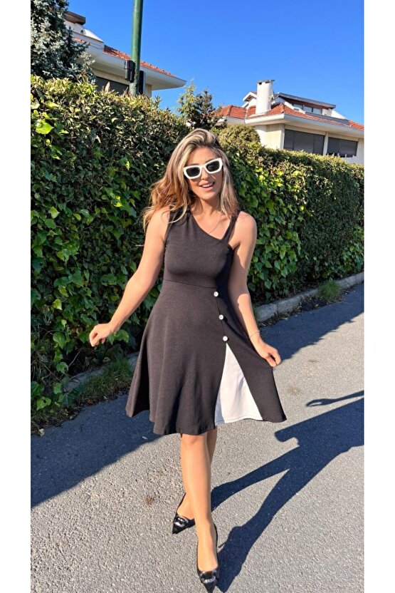 EQURİ Kadın Tek Omuzu şerit Detaylı Sıfır Kol Yandan Düğme Detaylı Janjan Krep Elbise