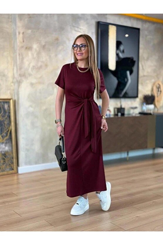 Kadın Kısa Kollu Bisiklet Yaka Yandan Bağlamalı Viskon Iki Iplik Elbise