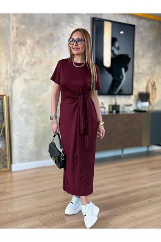 Kadın Kısa Kollu Bisiklet Yaka Yandan Bağlamalı Viskon Iki Iplik Elbise