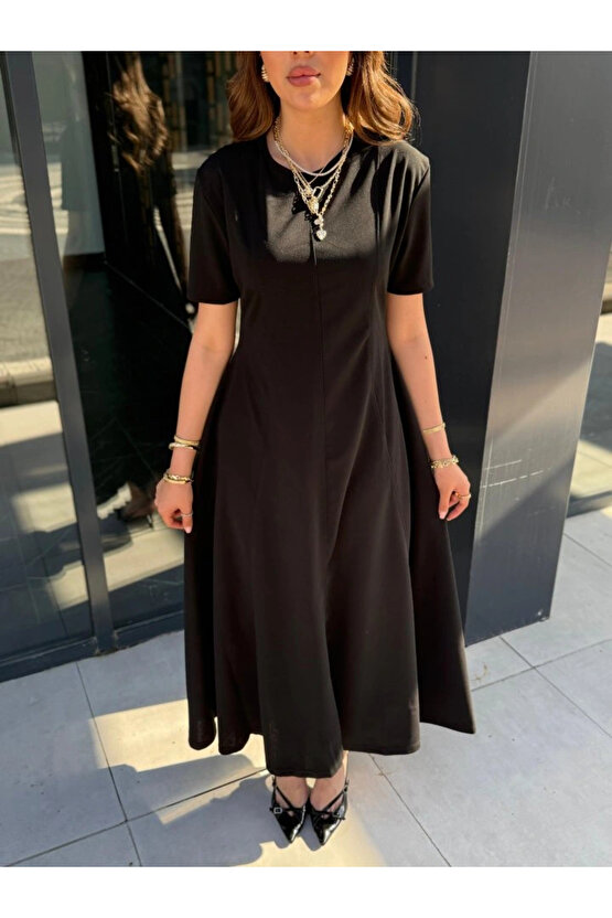 Kadın Kısa Kollu Bisiklet Yaka Maksi Boy Ithal Krep Elbise