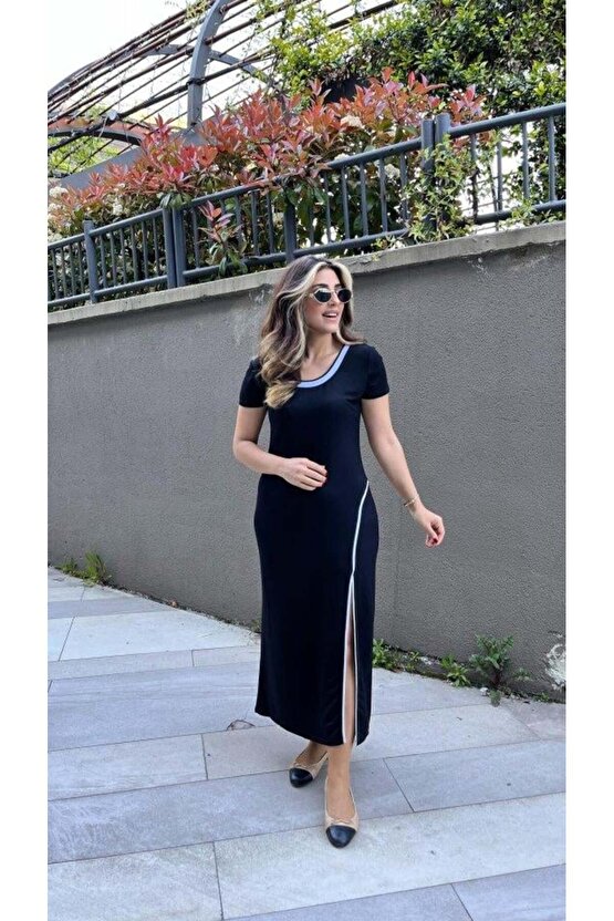 Kadın Yuvarlak Ribana Yaka Beyaz Yırtmaç Detaylı Viskon Tam Boy Elbise