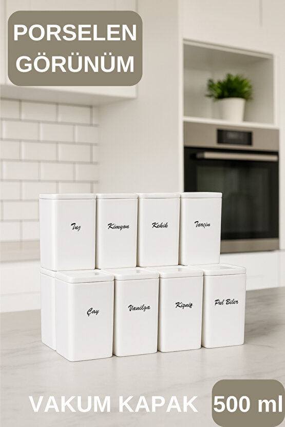 12li 500 ml Vakumlu  Porselen Görünümlü Akrilik Baharatlık - Saklama Kabı Etiket Hediyeli