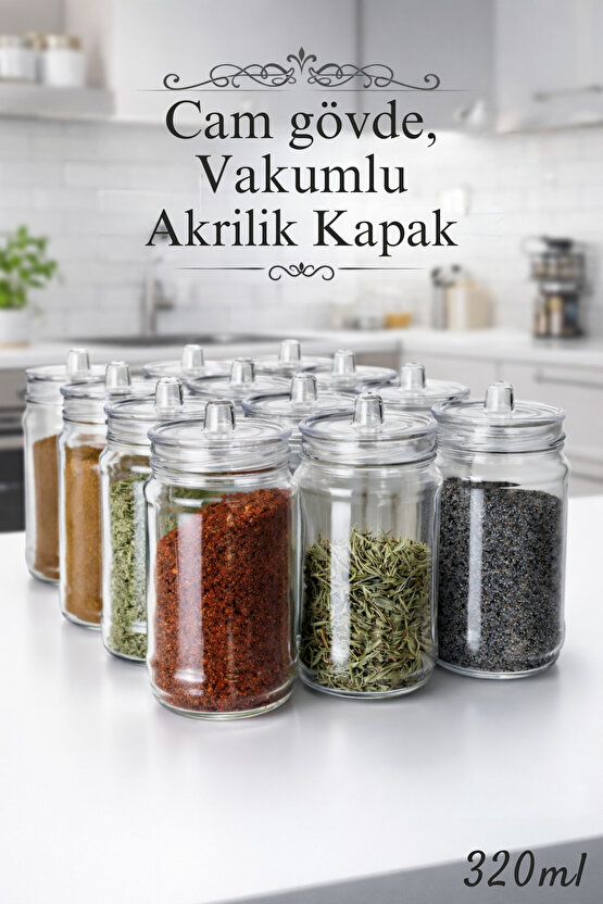 12 Adet Kulplu Ve Vakum Kapaklı Cam Baharatlık Seti