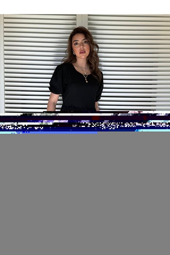 EQURİ Kadın Kısa Kollu Yakası Açık Katlı Bürümcük Balon Elbise