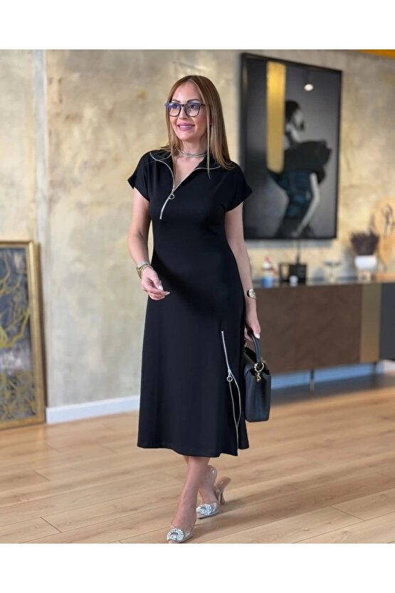 Kadın Kısa Kollu Yakadan Ve Etekten Fermuarlı Midi Viskon Iki Iplik Elbise