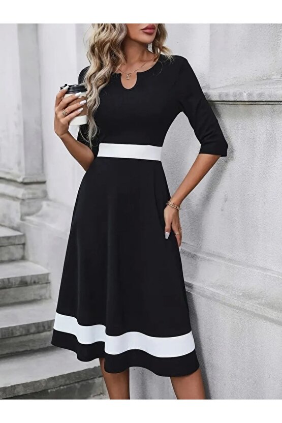 Kadın Fakir Kol Yakası Açık Blok Renkli Krep Midi Elbise