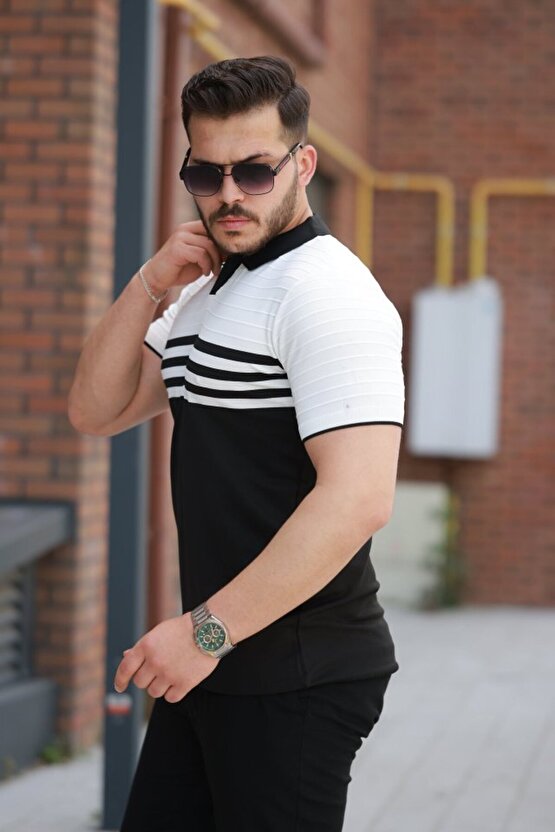 EQURİ Erkek çizgi Desenli Yakalı Kısa Kollu T-shirt