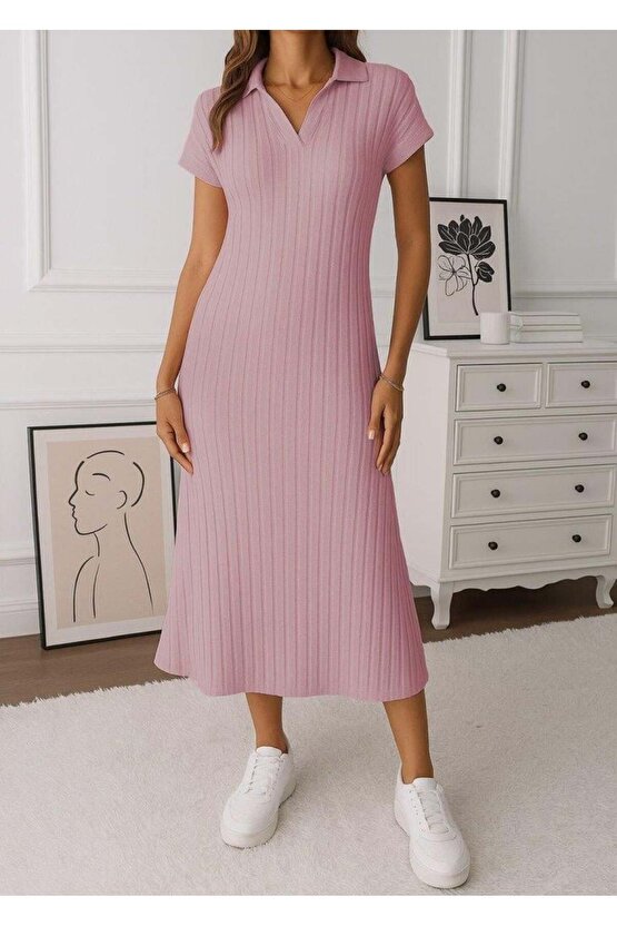 Kadın Kısa Kollu Yakalı Yandan Yırtmaçlı Kalın Fitilli Kaşkorse Elbise