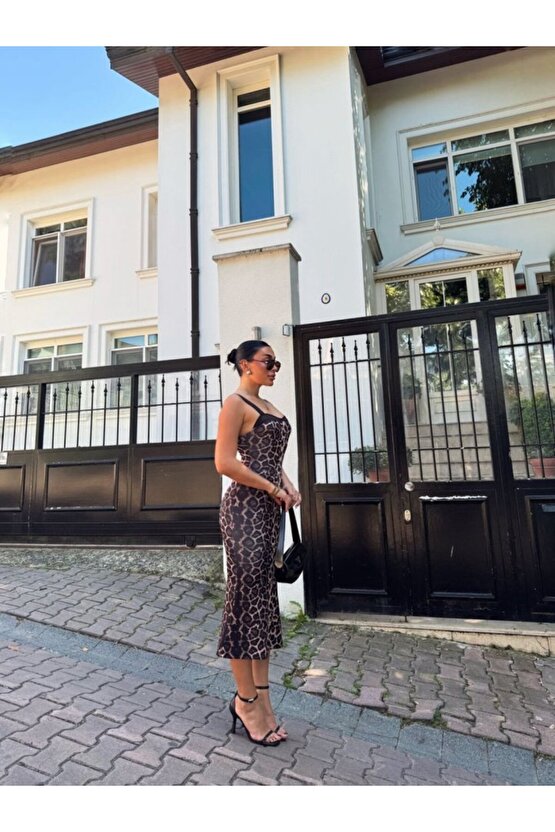 EQURİ Kadın Dalgıç Kumaş Dijital Leopar Baskılı Midi Boy Elbise