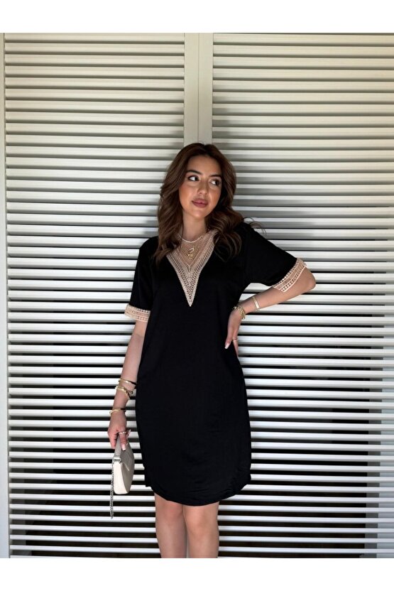 EQURİ Kadın V Yaka Güpürlü İki İplik Elbise