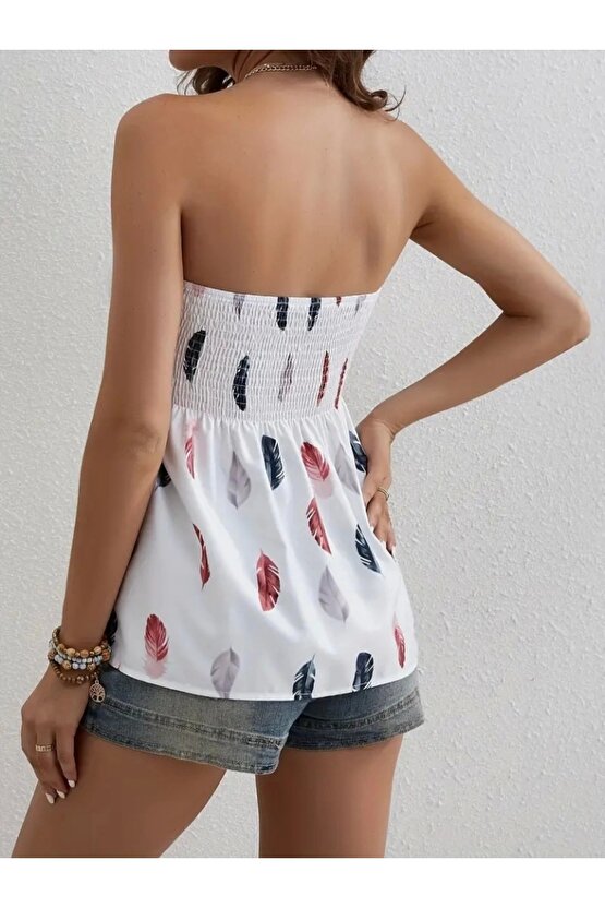 Kadın Yaprak Desenli Göğsü Gipeli Mosskrep Straplez Bluz