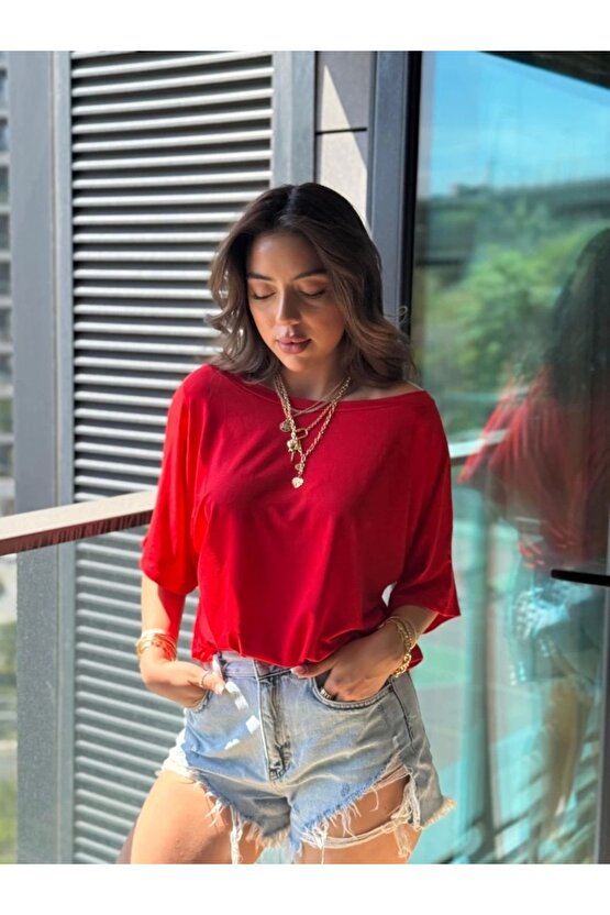 Kadın Tek Omuzu Açık Kısa Kollu Salaş Viskon Bluz