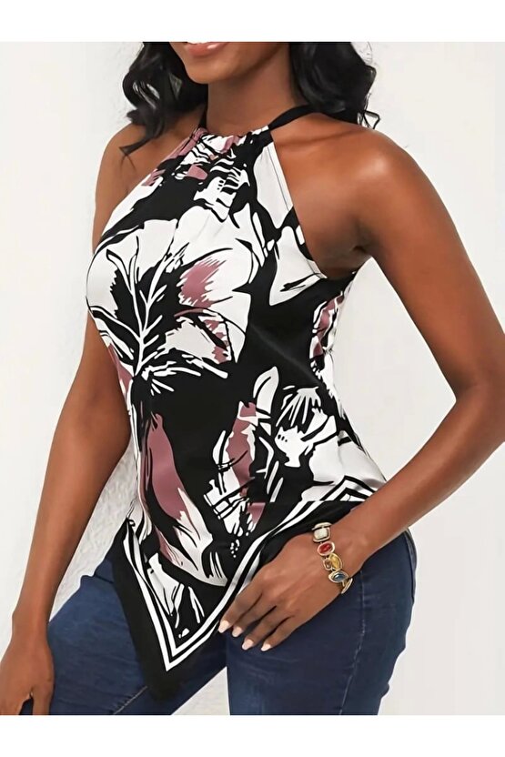 Kadın üçgen Kesim Boyundan Bağlamalı çiçek Desen Süprem Bluz