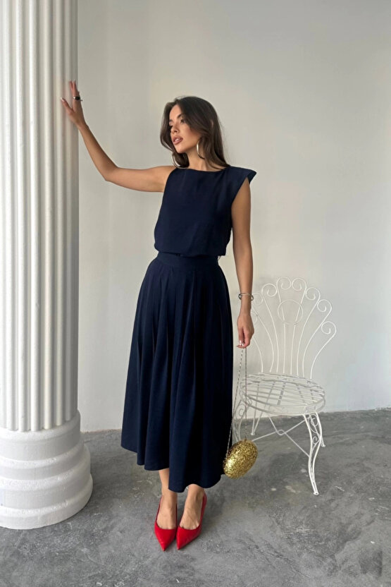 KETEN KOLSUZ BLUZ - MAXİ ETEK TAKIM - Lacivert