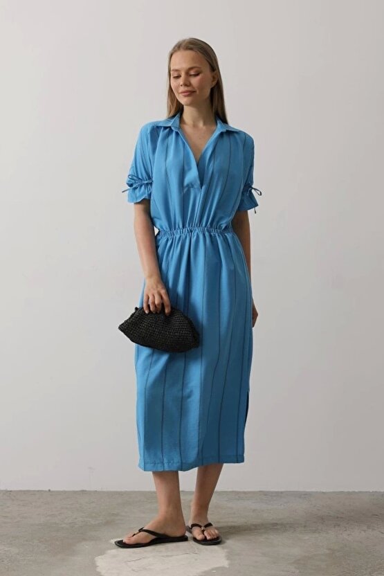 MODAVERA Beli Lastikli Elbise - Mavi