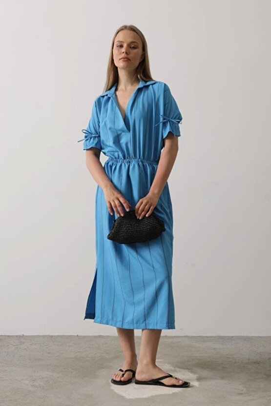 MODAVERA Beli Lastikli Elbise - Mavi