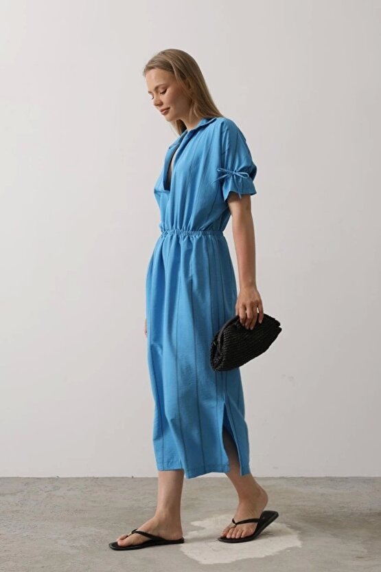 MODAVERA Beli Lastikli Elbise - Mavi