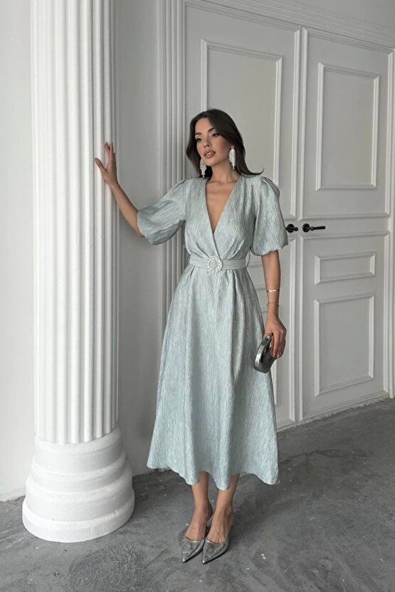 Mint Işıltılı Kemerli Kruvaze Elbise