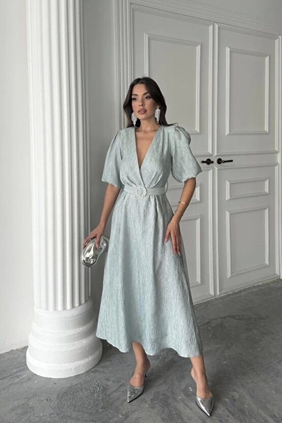 Mint Işıltılı Kemerli Kruvaze Elbise