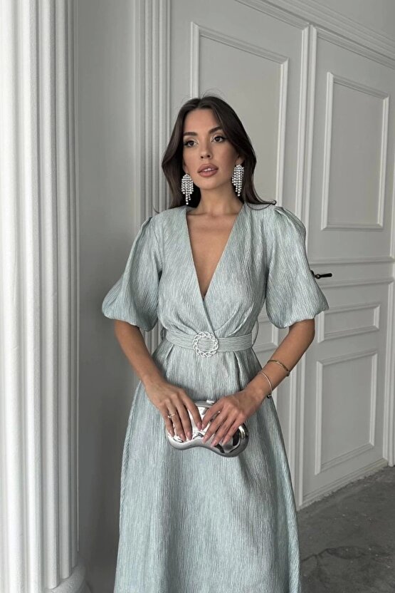 Mint Işıltılı Kemerli Kruvaze Elbise