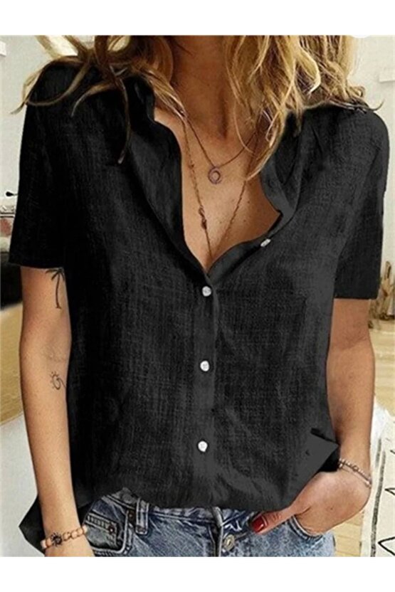 Kadın Kısa Kollu Basic Keten Gömlek
