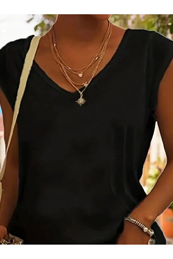 Kadın Kısa Kollu V Yakalı Viskon Bluz