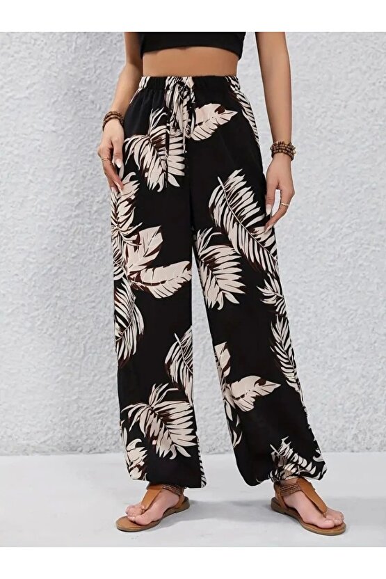 Kadın Yüksek Bel Bağcıklı Yaprak Desenli Süprem Pantolon