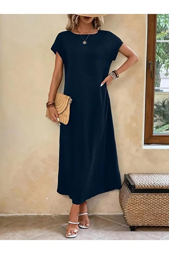 Kadın Uzun Kollu Yakası Açık Viskon Elbise