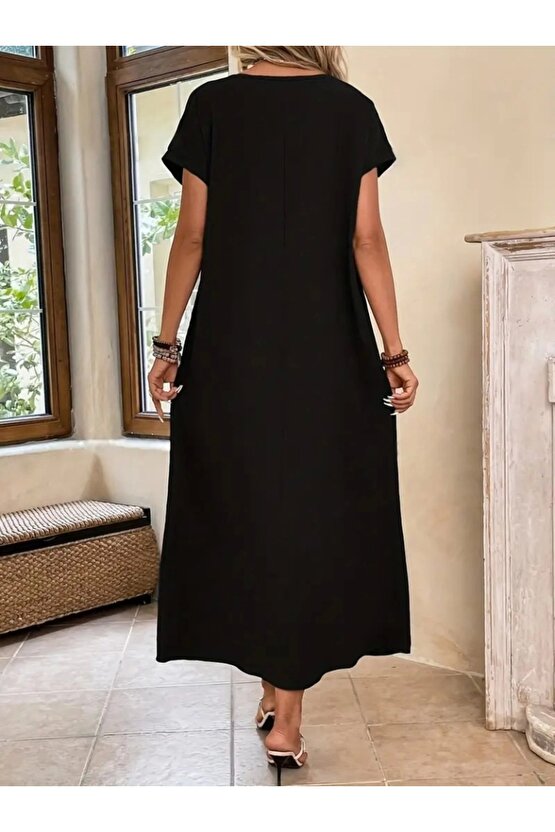 Kadın Uzun Kollu Yakası Açık Viskon Elbise