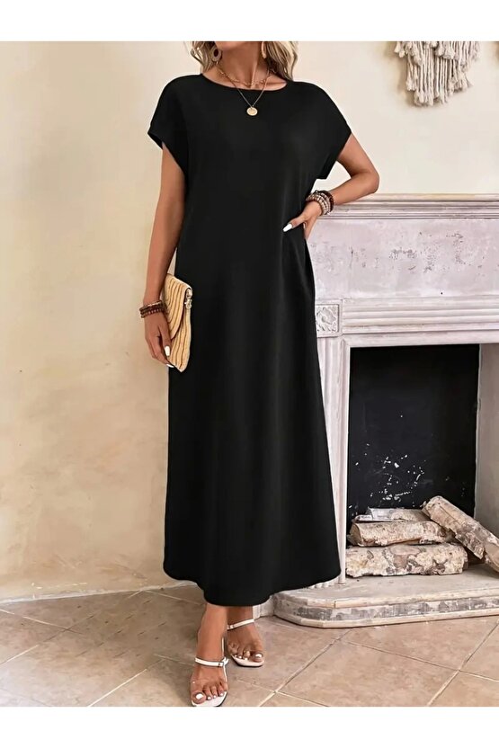 Kadın Uzun Kollu Yakası Açık Viskon Elbise