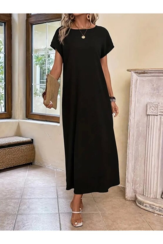 Kadın Uzun Kollu Yakası Açık Viskon Elbise