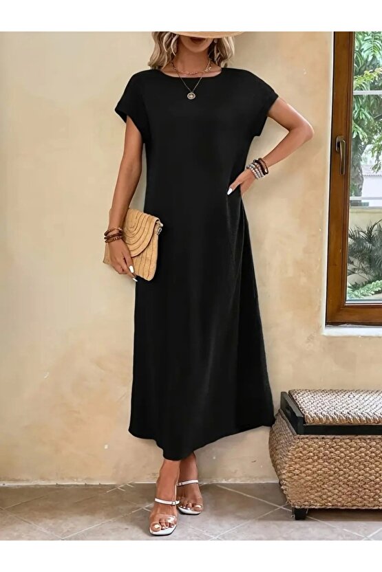 Kadın Uzun Kollu Yakası Açık Viskon Elbise