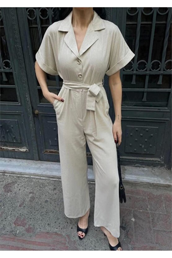 KETEN TULUM BEL BAĞLAMA DETAYLI - Krem