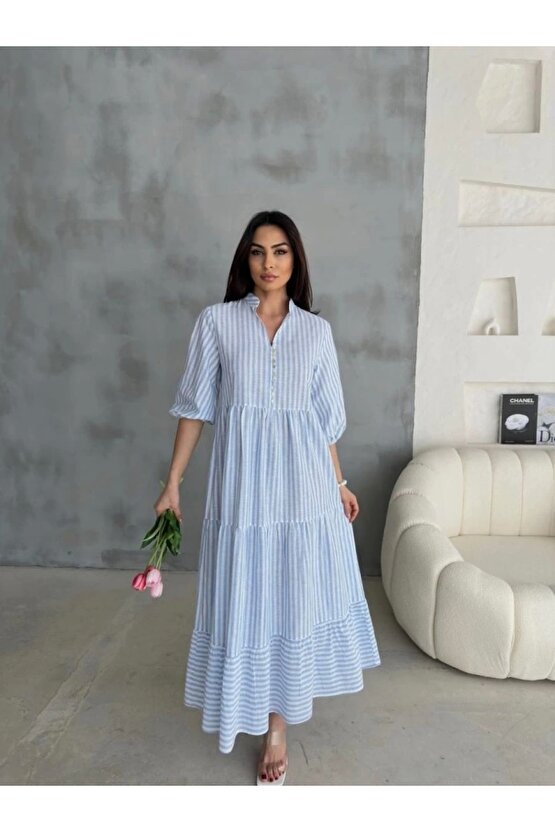 ÇİZGİİ KETEN HAKİ YAKA DÜĞEİ AAŞ EBİE avi