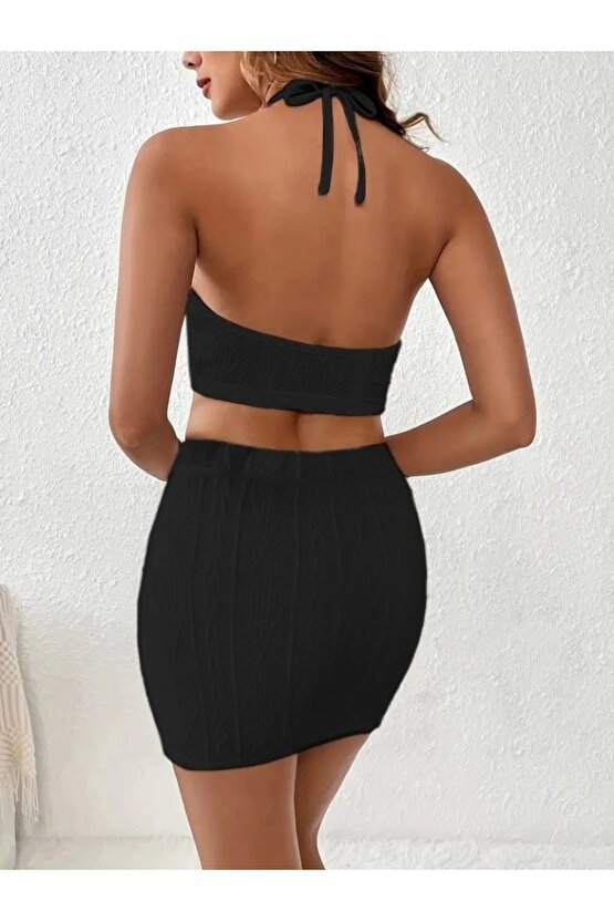 Kadın Sıfır Kol Crop Mini Etek Ikili Triko Takım