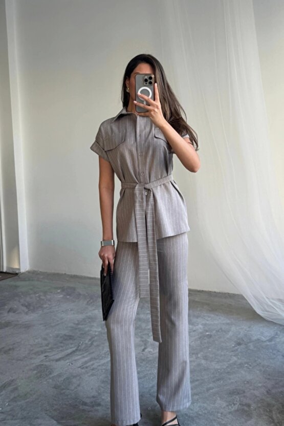 ÇİZGİLİ POLYVİSKON BLUZ - PANTOLON TAKIM - Gri