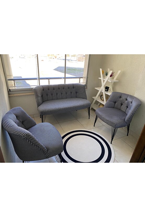 Nev elizzn garden çay seti koltuk kaz ayagı keten gri 2+1+1